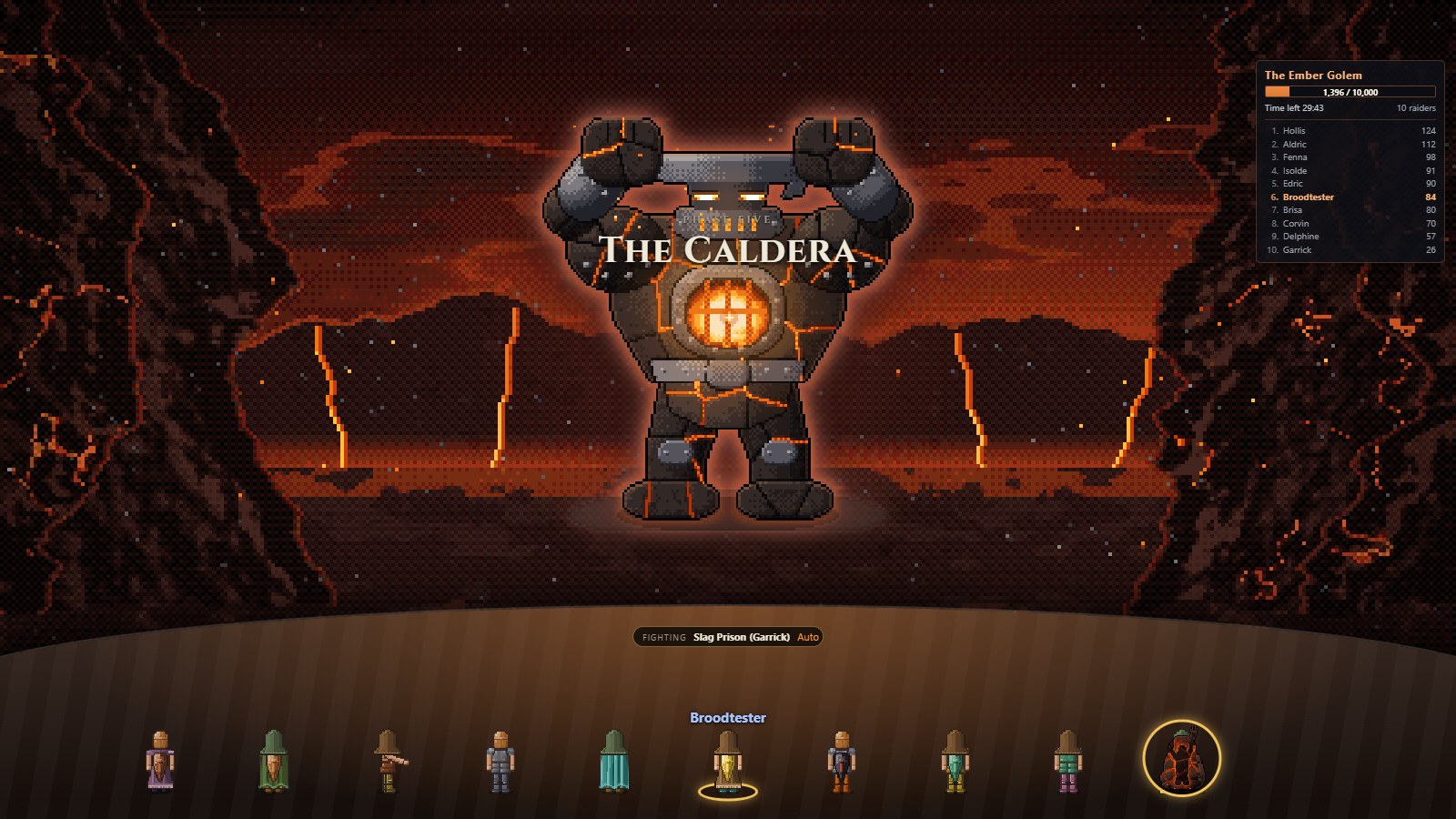The Ember Golem in the Caldera with both fists raised, a raider sealed in slag at the end of the crowd