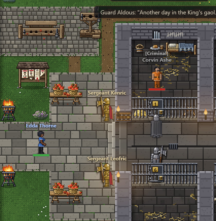A visitor standing on the path at the gaol door, with tables of tomatoes either side and a prisoner in the first cell