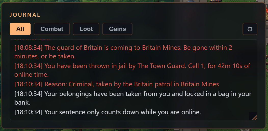 A journal recording an arrest: thrown in jail by The Town Guard, cell 1, the sentence, the reason, the belongings bagged in the bank, and that the sentence only counts down online