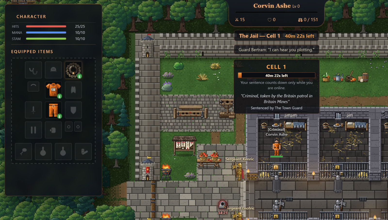 A prisoner's screen: an orange shirt and trousers in the equipment slots, and the cell beyond