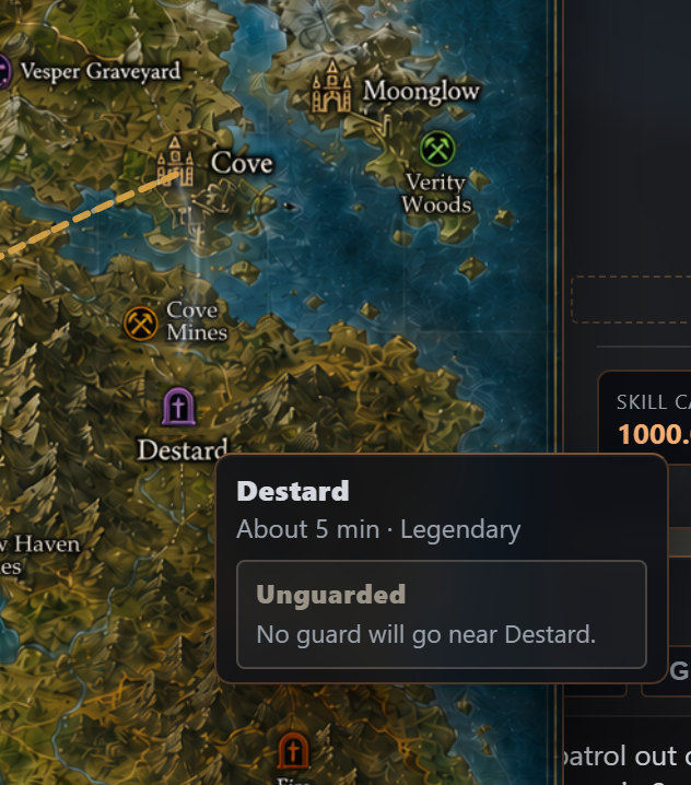 Destard hovered: Unguarded, no guard will go near Destard, with a vein from Cove fading out before it arrives