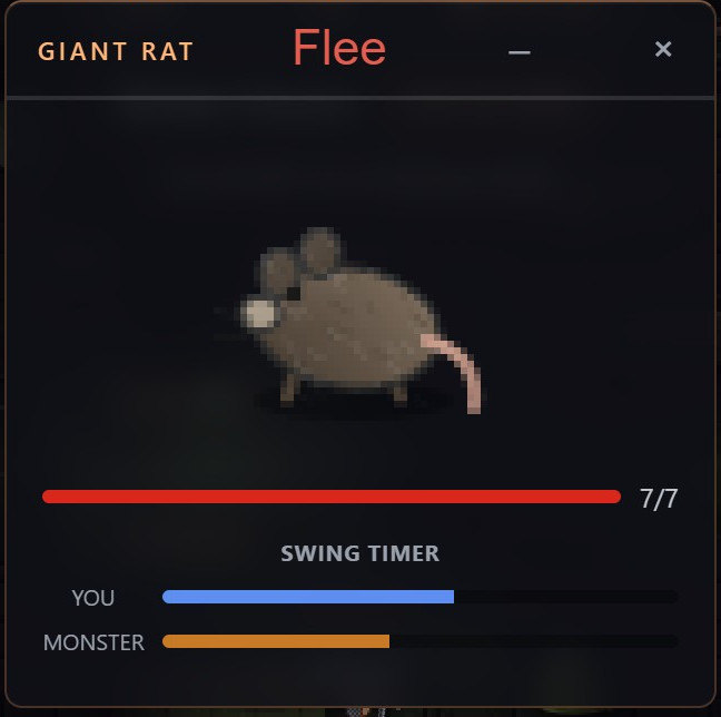 The combat window: a Giant Rat with 7 of 7 health, a Flee button, and two swing timers, yours in blue and the monster's in orange