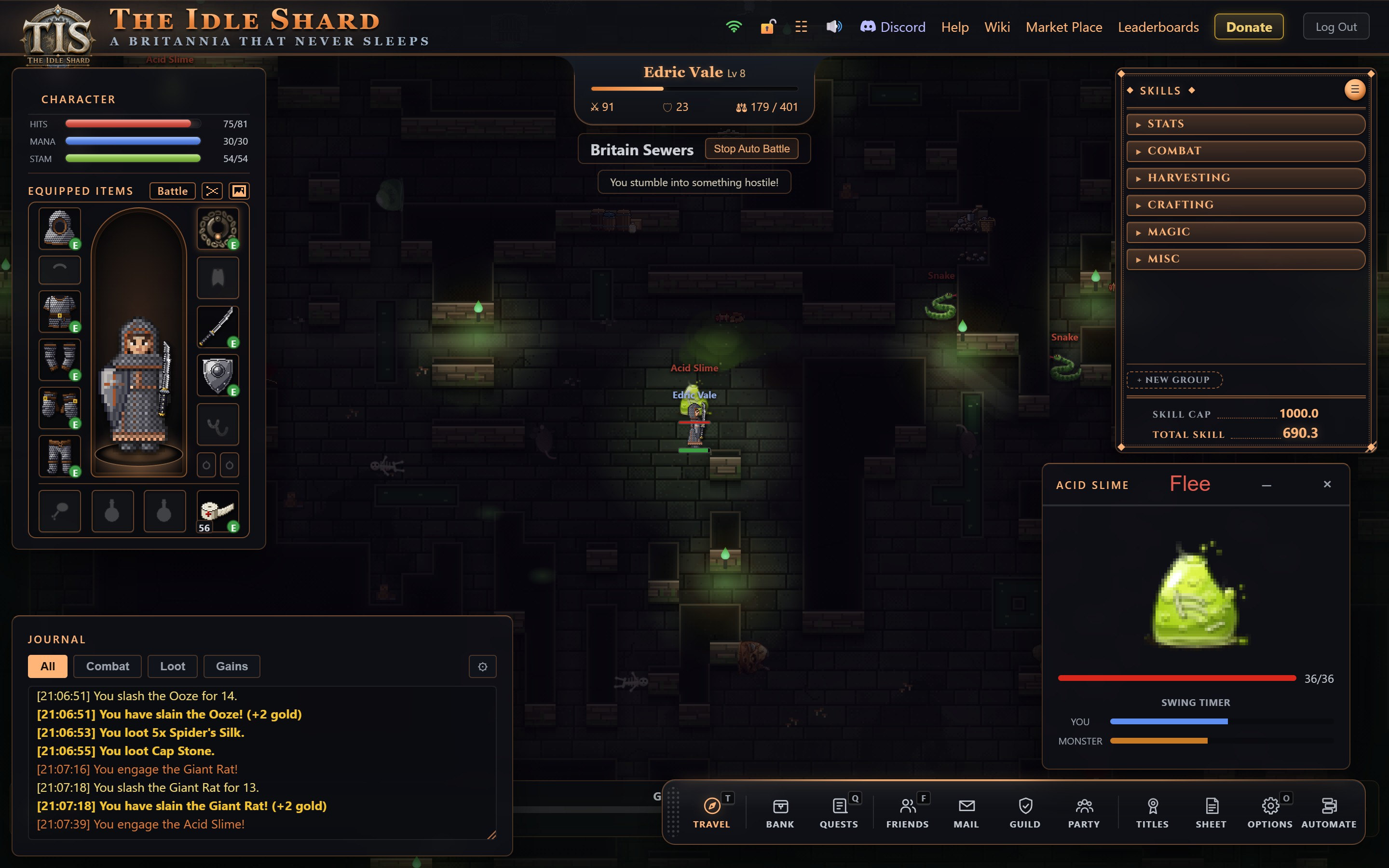 The whole screen during a fight in the Britain Sewers: a character in chainmail on the dark floorplan with an Acid Slime on top of them, the combat window showing the slime at 36 of 36, and the journal listing the fights before it