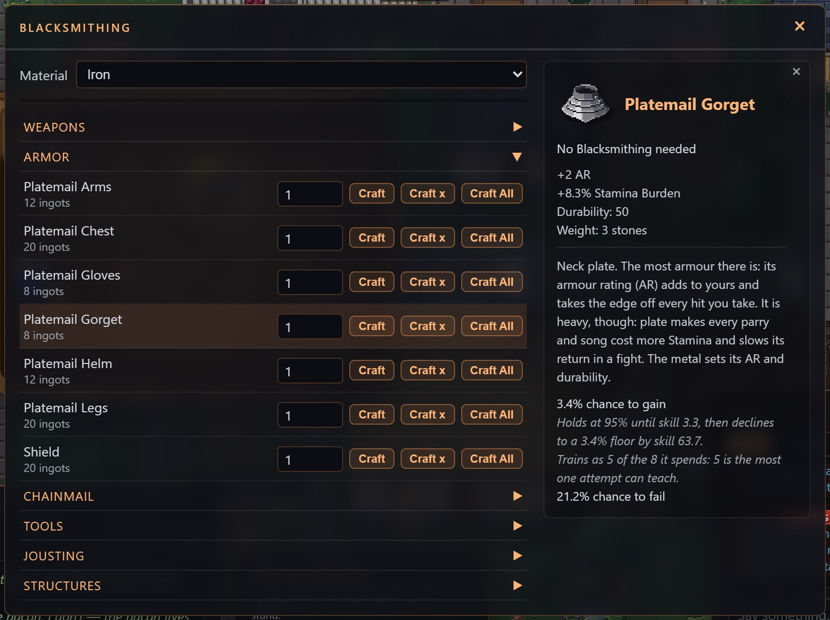 The Blacksmithing window with Iron chosen as the material and the Armor section open, Platemail Gorget selected; the side panel gives its armour rating, stamina burden, durability and weight, a 3.4% chance to gain and a 21.2% chance to fail