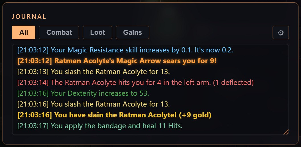 A journal during a sewer fight: a skill gain, a Magic Arrow searing for 9, slashes for 13, a hit deflected by armour, a Dexterity gain, the kill for 9 gold, and a bandage healing 11 Hits