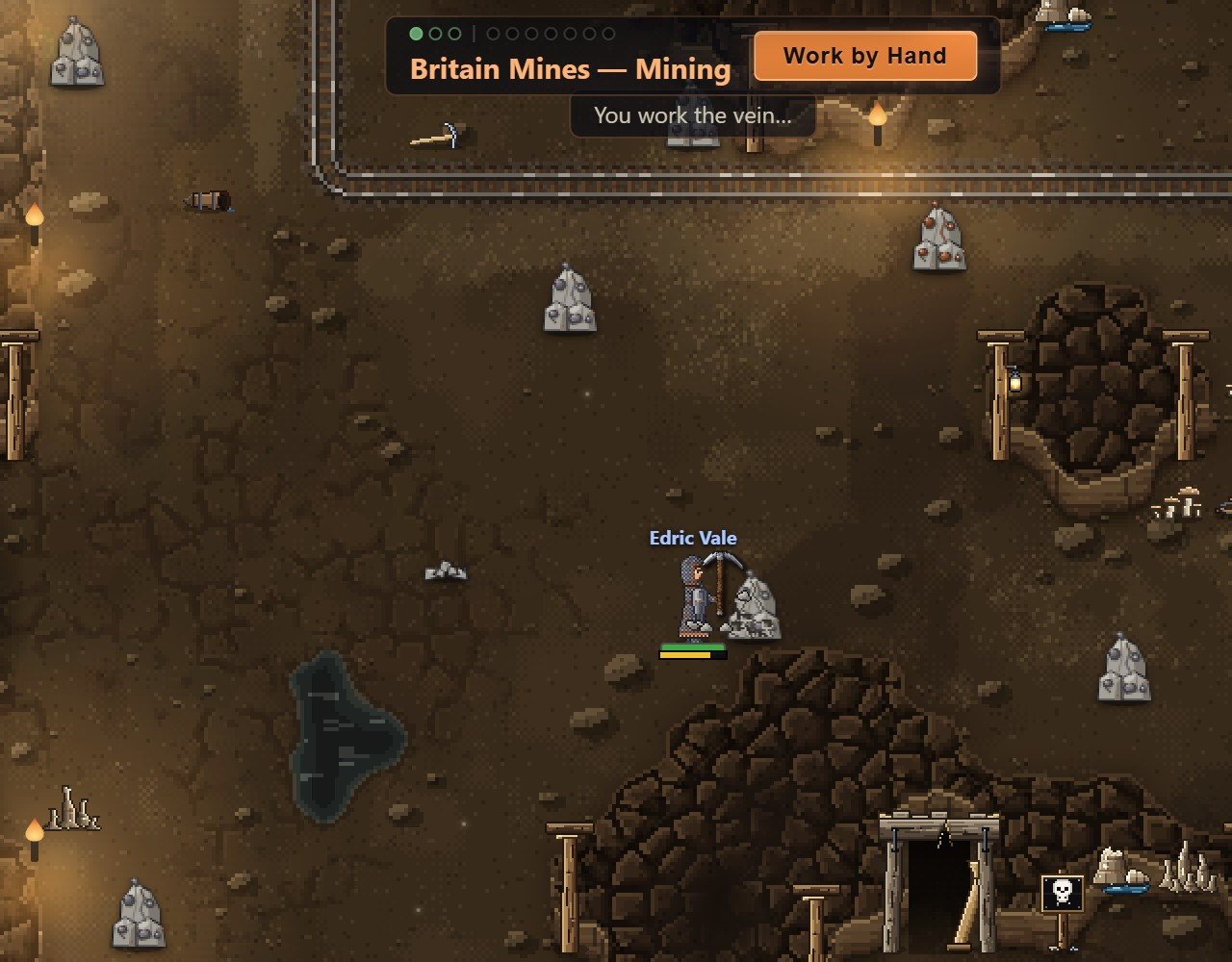 A character in chainmail swinging a pickaxe at a rock in the Britain Mines, under a banner reading Britain Mines, Mining, with a Work by Hand button