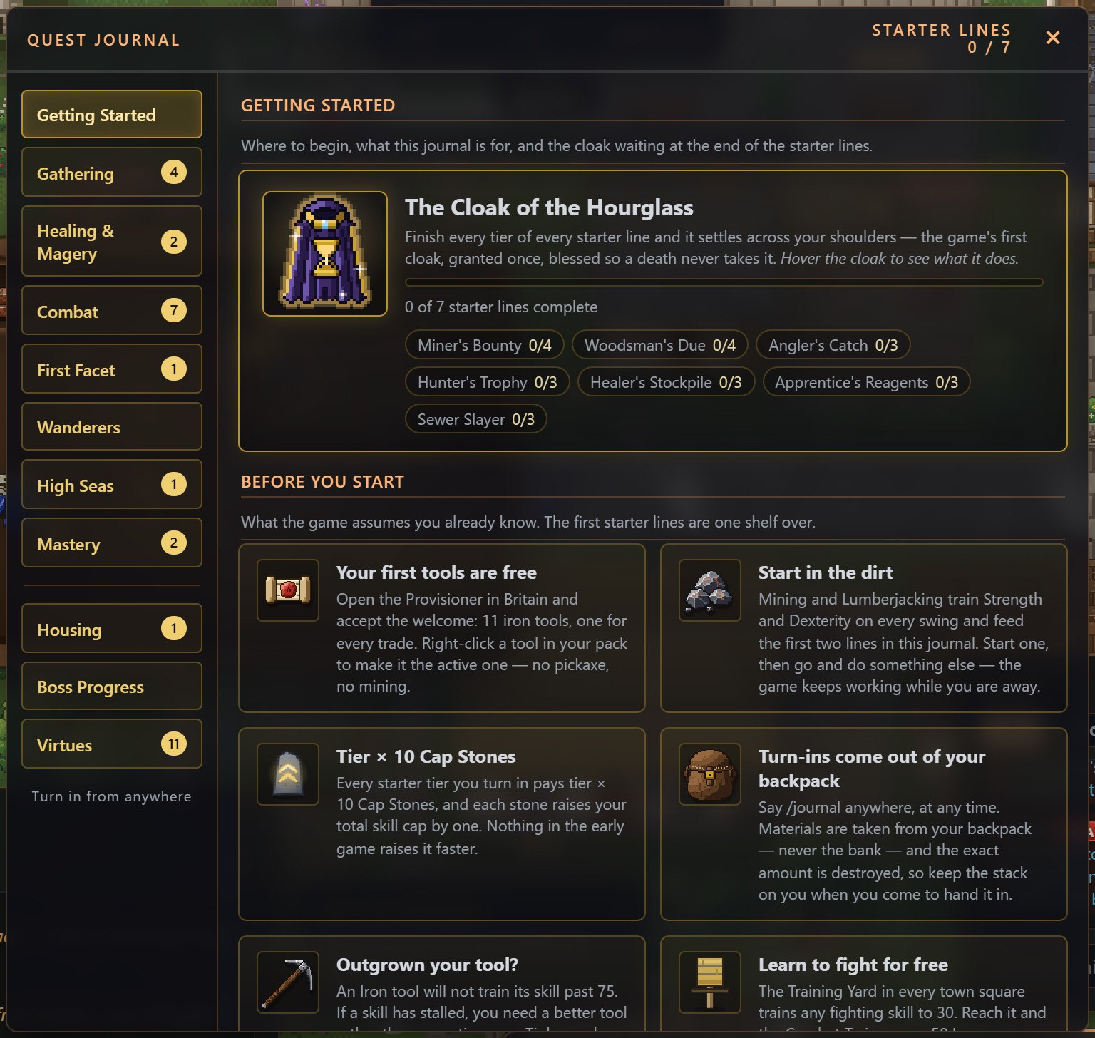 The Quest Journal open on its Getting Started shelf: the Cloak of the Hourglass with 0 of 7 starter lines complete, the seven lines listed beneath it, and cards explaining the first steps