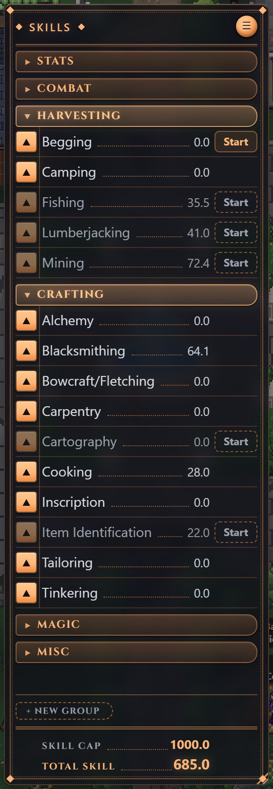 The Skills panel with Harvesting and Crafting open: Mining 72.4, Lumberjacking 41.0, Fishing 35.5, Blacksmithing 64.1, Cooking 28.0 and the rest, with Skill Cap 1000.0 and Total Skill 685.0 at the foot
