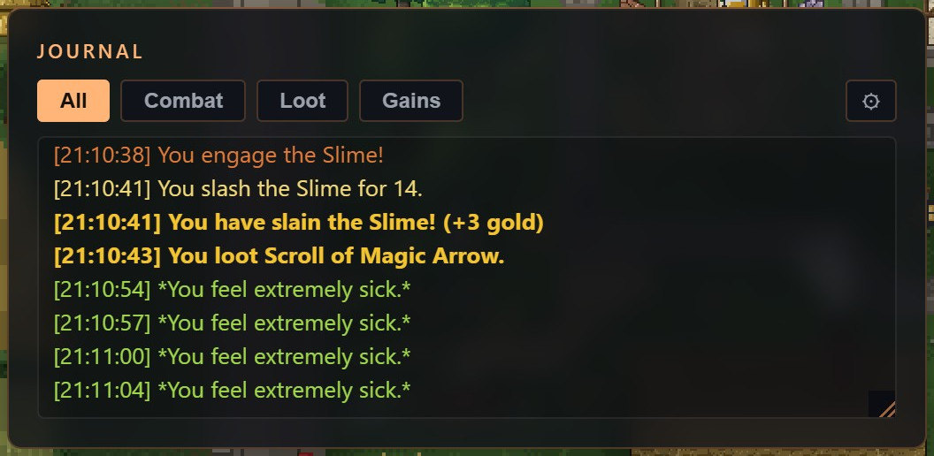 A journal with a fight and its loot in the lines above, then four green lines reading You feel extremely sick, three seconds apart