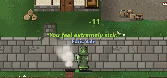 A character tinted green on a Britain street, with You feel extremely sick floating over their head and an 11 rising above it