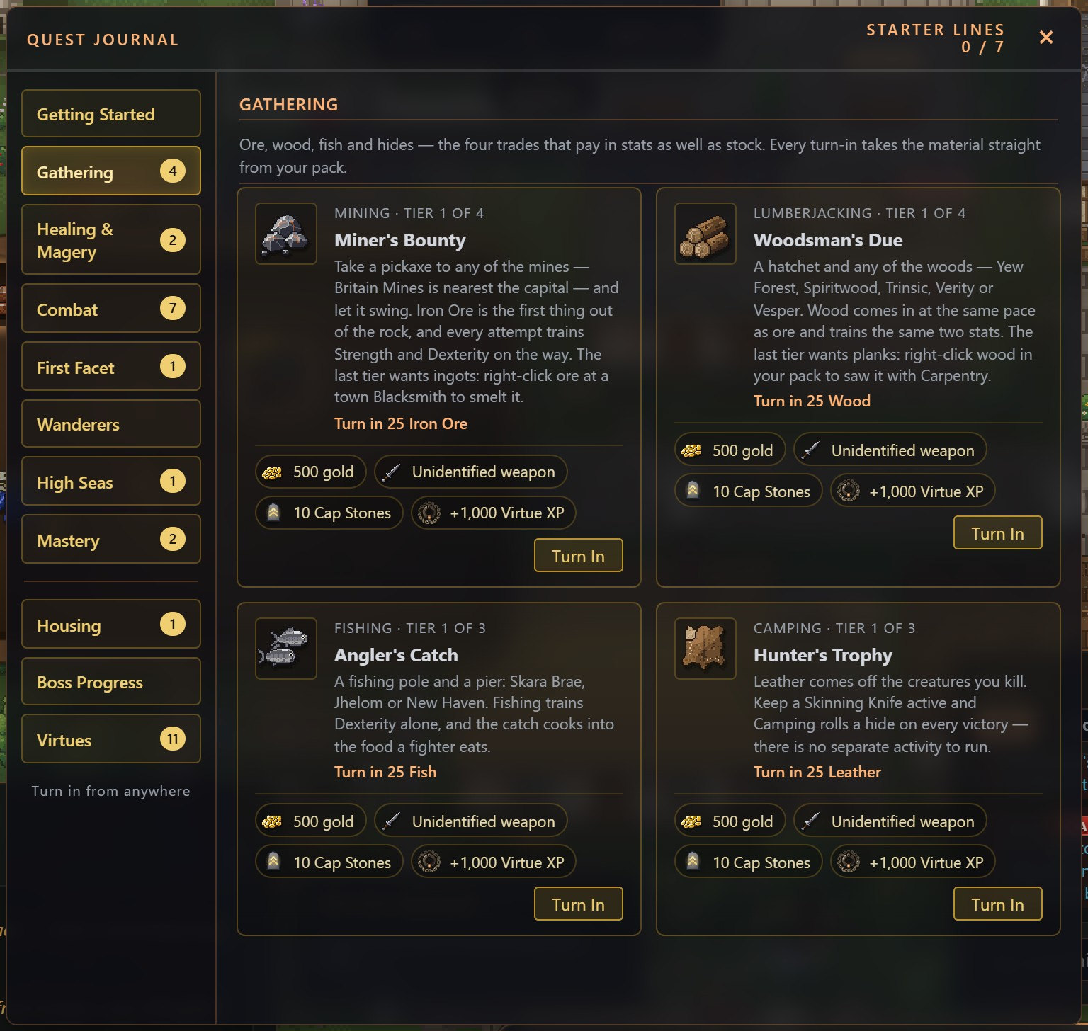 The Quest Journal on its Gathering shelf: four cards, Miner's Bounty, Woodsman's Due, Angler's Catch and Hunter's Trophy, each at tier 1 asking for 25 of a material and paying 500 gold, an unidentified weapon, 10 Cap Stones and 1,000 Virtue XP, with a Turn In button
