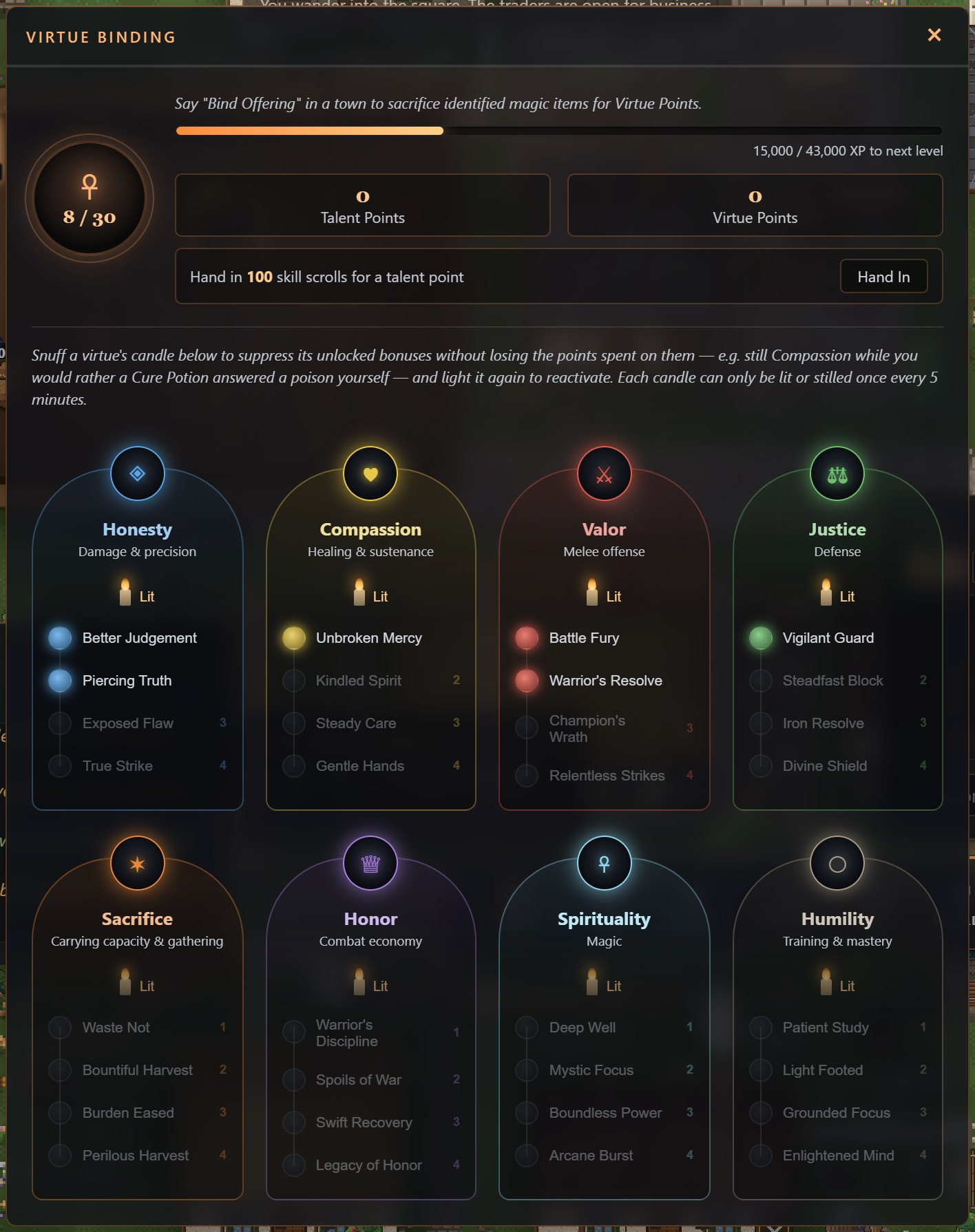 The Virtue Binding board at level 8 of 30: an experience bar, 0 talent points and 0 Virtue Points left, and the eight virtues as arched panels, with the first tiers of Honesty, Compassion, Valor and Justice lit